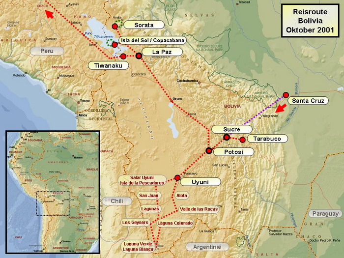 Reisroute / Kaart In 2001 trok ik 6 weken doorheen Bolivië en Peru. De eerste drie weken in Bolivië trokken we met een kleine groep van KrisKras rond. We verkenden de oude koloniale steden zoals Sucre, Potosi en La Paz en we bezochten de mysterieuze  pre inca site Tiwanaku. Verder ondernamen we een prachtige 4-daagse jeep-trekking vanuit Uyuni langsheen zoutvlaktes, meren, vulkanen, geisers, .. . We bezochten enkele pittoreske eilanden in het Titcaca meer en tenslotte maakten we vanuit Sorata een 3-daagse trekking tot 5038m. Stefan Cruysberghs